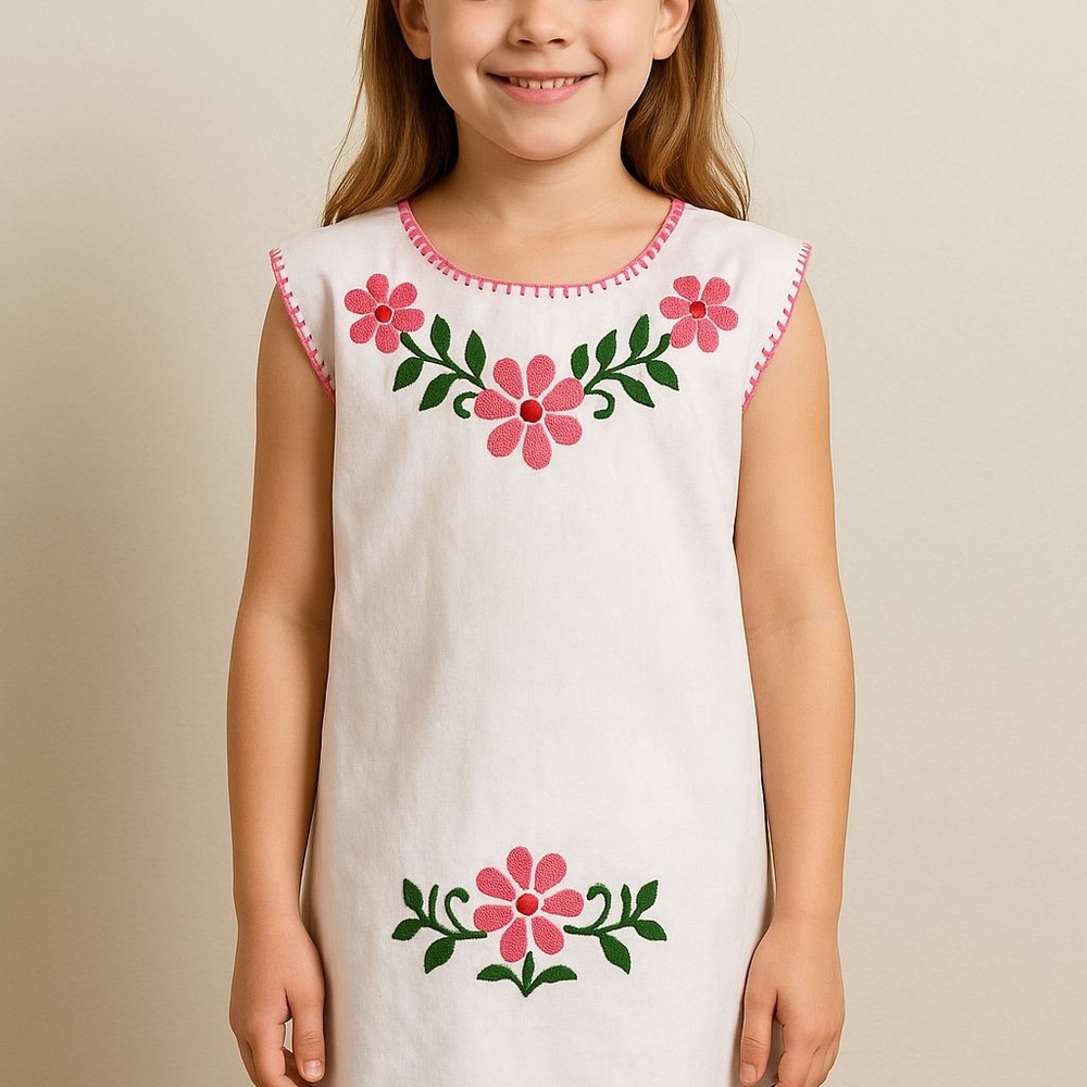 Girls Mexican Embroidered Dress White Pink Floral Handmade Cotton Size 8